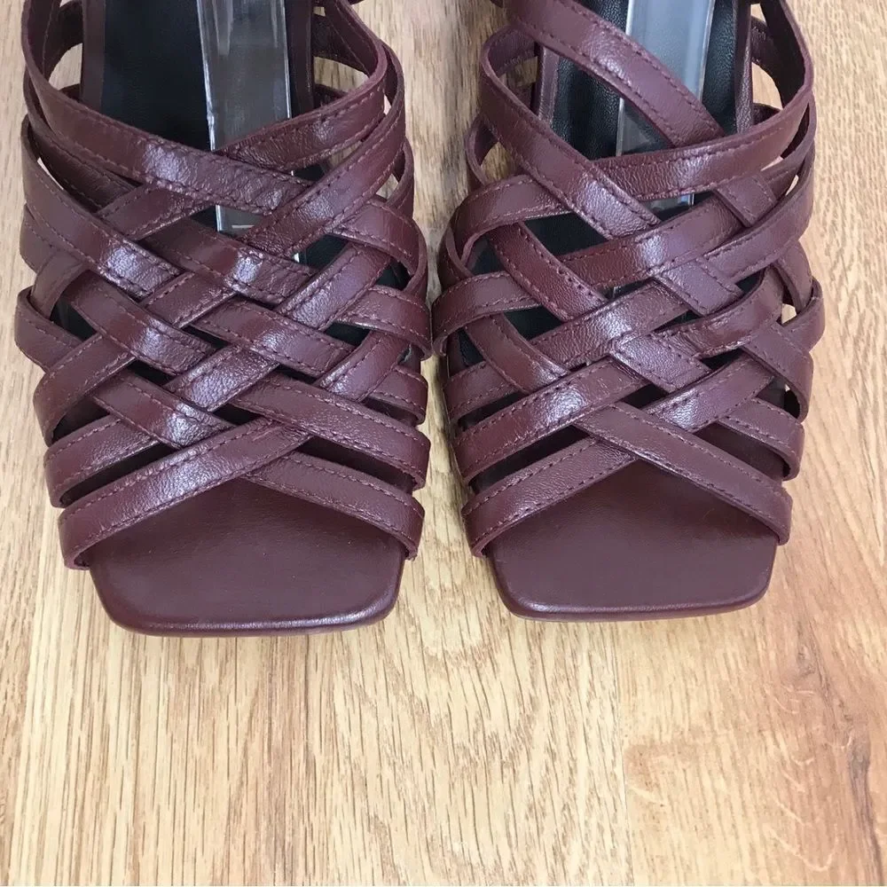 SEYCHELLE Burgundy Braided Leather Chunky Heel Sandal Strappy Woven‎ Size 6